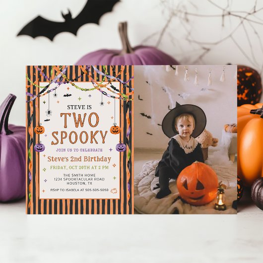カラフルな2つのスプーキー ハロウィン バースデー 写真 招待状