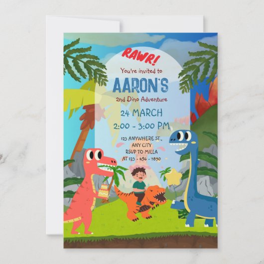 カラフルな2歳の恐竜アドベンチャーパーティー 招待状 (正面)