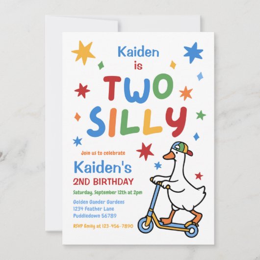 カラフルな2歳の誕生日パーティー Two Silly Goose Boy 招待状 (正面)