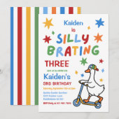 カラフルな3歳の誕生日パーティー おかしいガチョウの少年 招待状 (正面/裏面)
