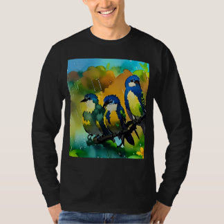 カラフルな3羽の可愛い鳥の雨の水彩画L Tシャツ