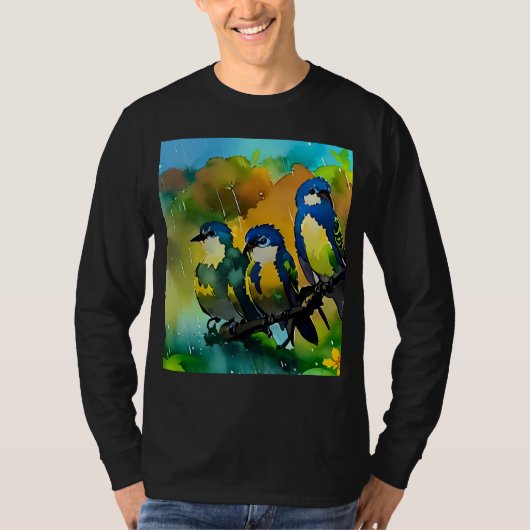 カラフルな3羽の可愛い鳥の雨の水彩画L Tシャツ (正面)
