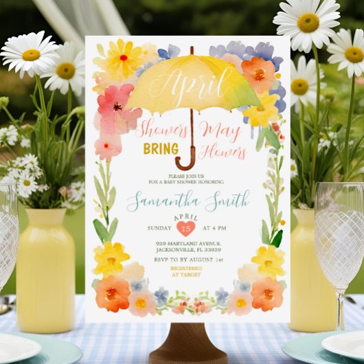 カラフルな4月のシャワーズ イエローの傘 ベビーシャワー 招待状