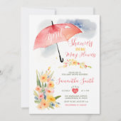 カラフルな4月のシャワーズ 赤い傘のベイビーシャワー 招待状 (正面)