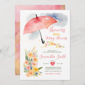 カラフルな4月のシャワーズ 赤い傘のベイビーシャワー 招待状 (正面/裏面)