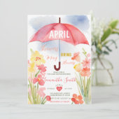 カラフルな4月のシャワーピンクの傘ベビーシャワー 招待状 (スタンド正面)