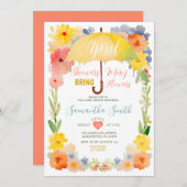 カラフルな4月のシャワー 黄色の傘 ベビーシャワー 招待状 (正面/裏面)