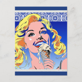 カラフルな60年代ポップアートスタイルの金髪の女性がアイスクリームを食べている ポストカード