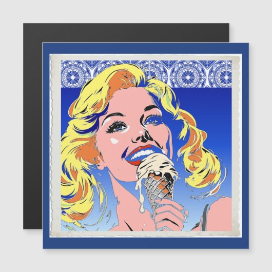 カラフルな60年代ポップアートスタイルの金髪の女性がアイスクリームを食べる (正面/裏面)