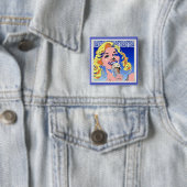 カラフルな60年代ポップアートスタイルの金髪の女性がアイスクリームを食べる 缶バッジ (インサイチュ)