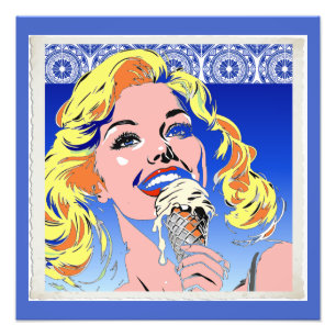 カラフルな60年代ポップアートスタイルの金髪女性のアイスクリーム フォトプリント