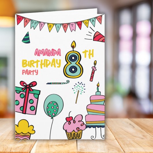 カラフルな8歳の誕生日パーティーのお祝いメッセージ カード