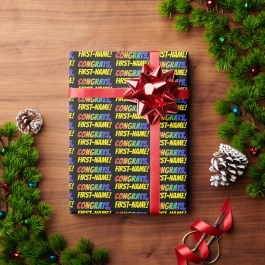 カラフルな「おめでとう」+ 個別の名前 ラッピングペーパー (クリスマスギフト)