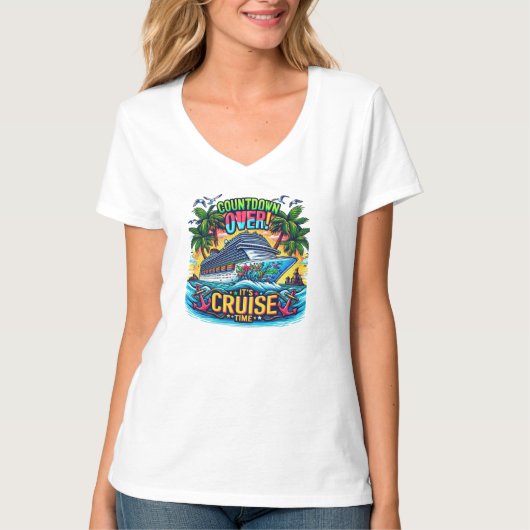 カラフルな「クルーズタイムカウントダウン」クルーズ船 Tシャツ (正面)