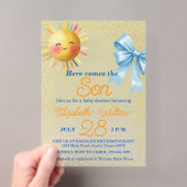 カラフルな「Here Comes the Son」男の子のベビーシャワー アクリル招待状 (インサイチュ (ポータブル))