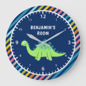 カラフルのかわいい緑の恐竜の子どもの部屋 ラージ壁時計 (正面)