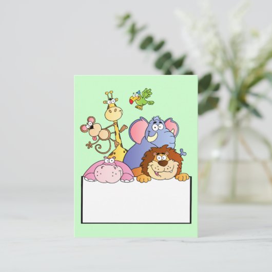 カラフルのジャングル動物の看板カートゥーおもしろいン ポストカード (スタンド正面)