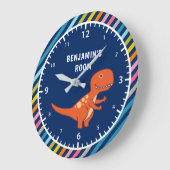 カラフルの可愛いオレンジの恐竜の子どもの部屋 ラージ壁時計 (傾斜)