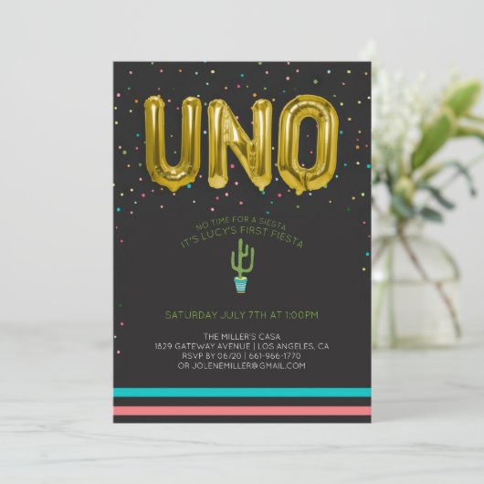 カラフルの最初フェスタの誕生日| UNOの気球 招待状 (スタンド正面)
