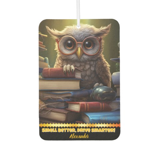 カラフルの本の間に眼鏡をかけたフクロウ カーエアーフレッシュナー (正面)