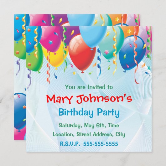 カラフルの気球の誕生日のパーティの招待状 招待状 (正面/裏面)