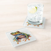 カラフルの水色のカエル ガラスコースター (アングル)