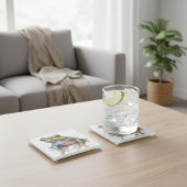 カラフルの水色のカエル ガラスコースター