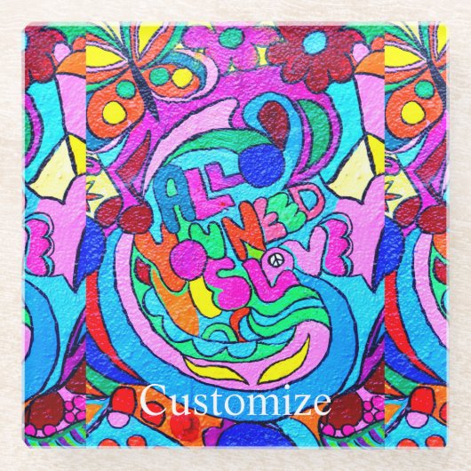 カラフルの溝の平和と愛 ガラスコースター (正面)