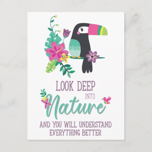 カラフルの熱帯花とトゥーカン感動的 ポストカード (正面)