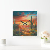 カラフルの砂漠の日没の絵画の絵画 スクエア壁時計 (ホーム)