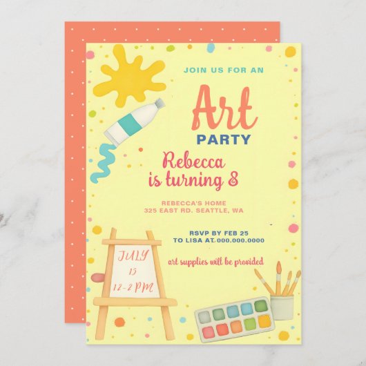 カラフルの絵を描スケッチアートパーティー誕生日 招待状 (正面/裏面)