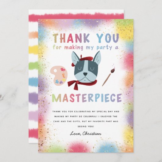 カラフルの絵を描パーティーフランスのブルドッグ誕生日 サンキューカード (正面/裏面)