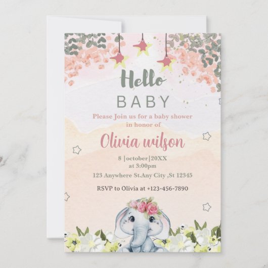 カラフルの花かわいい象のパーティー 招待状 (正面)