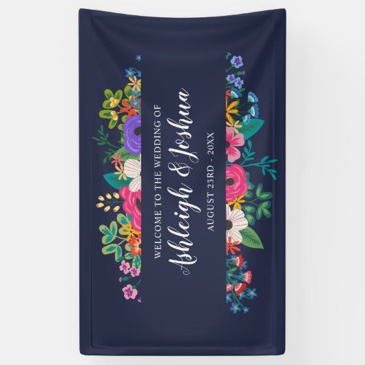 カラフルの花の濃紺の結婚式の歓迎 横断幕 (縦)