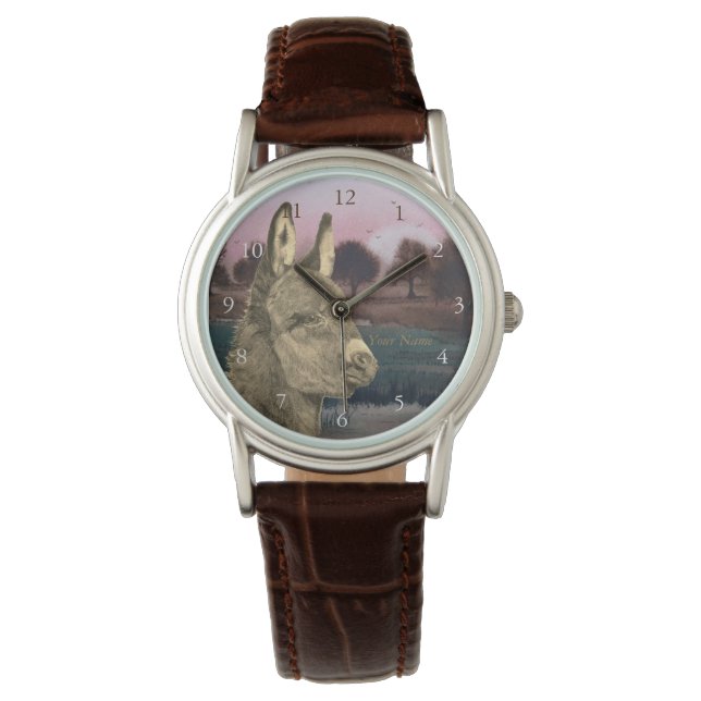 カラフルの風光明媚な生き生きとした写真かわいいロバ 腕時計 (正面)