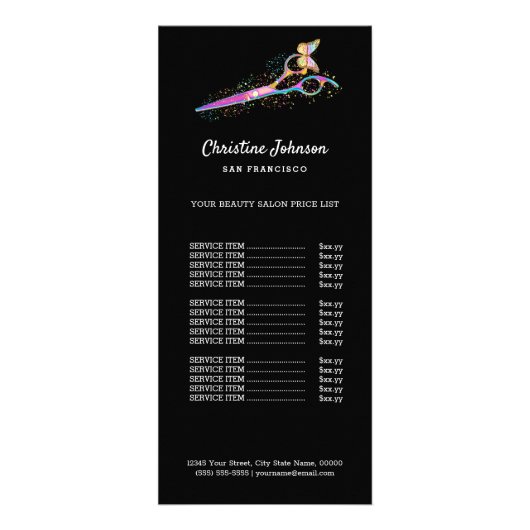 カラフルはさみ美容師ブラックプライスリスト ラックカード (正面)
