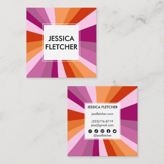 カラフルはっきりしたストライプMinimalist Pink Social Icons スクエア名刺 (正面/裏面)