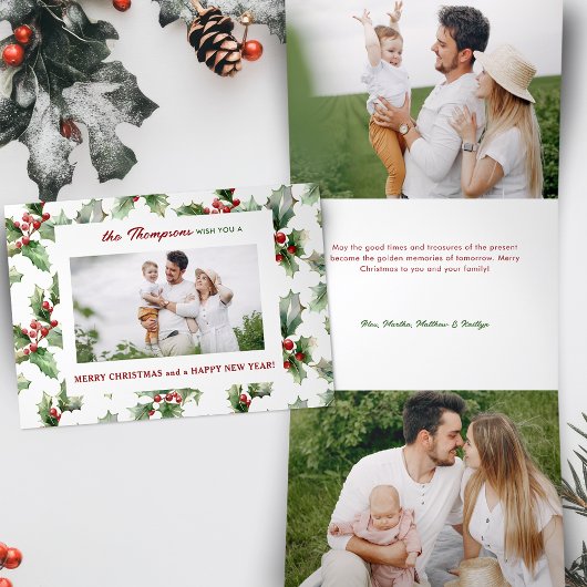 カラフルはっきりしたフェスティバルChristmas Holly写真 三つ折りクリスマスカード