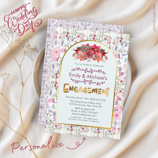 カラフルはっきりしたフローラ開花金ゴールド婚約パーティ 招待状