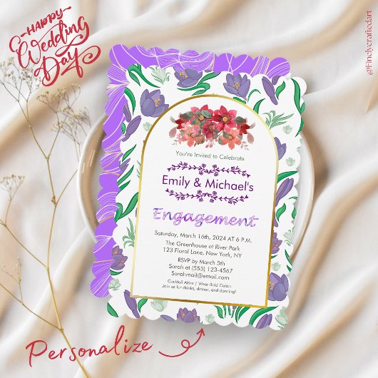 カラフルはっきりしたフローラ開花金ゴールド婚約パーティ 招待状