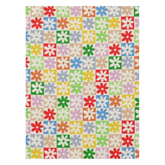 カラフルはっきりした市松模様に花柄 テーブルクロス (正面)