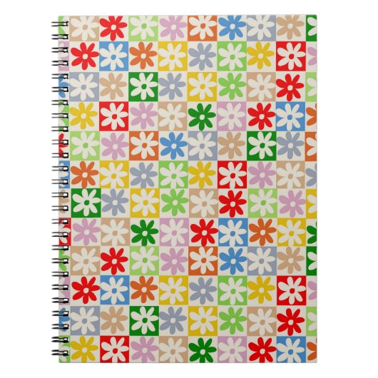 カラフルはっきりした市松模様に花柄 ノートブック (正面)