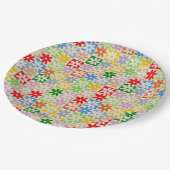 カラフルはっきりした市松模様に花柄 ペーパープレート (アングル)