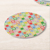 カラフルはっきりした市松模様に花柄 ラウンドペーパーコースター (アングル)
