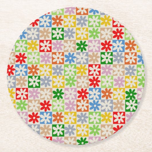 カラフルはっきりした市松模様に花柄 ラウンドペーパーコースター (正面)