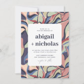 カラフルはっきりした抽象芸術ユニークフローラ結婚レトロ 招待状 (正面)