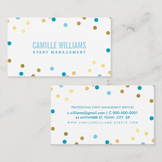 カラフルはっきりした紙吹雪クール金ゴールドターコイズ 名刺 (正面/裏面)