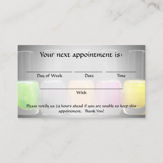 カラフルはボトル、ネイルサロンのアポイントメントを磨きます 予約カード (裏面)