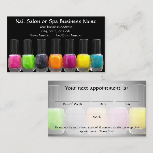 カラフルはボトル、ネイルサロンのアポイントメントを磨きます 予約カード (正面/裏面)