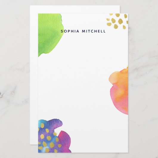 カラフルは金ゴールドの水彩画を抽出します 便箋 (正面/裏面)